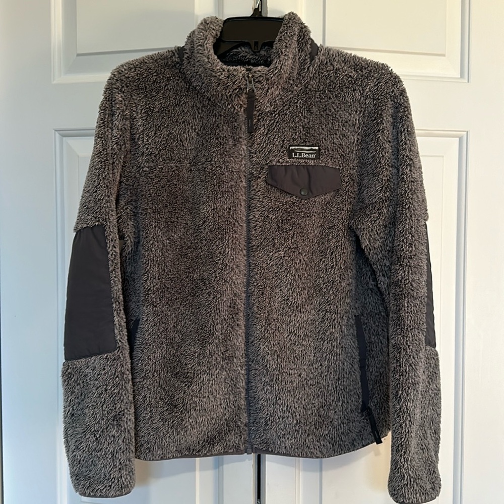 LL Bean Women Jacket Zip Front Coat Gray Hi Pile Fleece Sherpa, SPetite